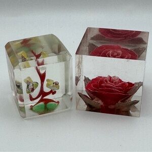 Vtg Lucite Cube Paperweights - Red Rose Floral + Bird on Branch – MCM Desk Decor